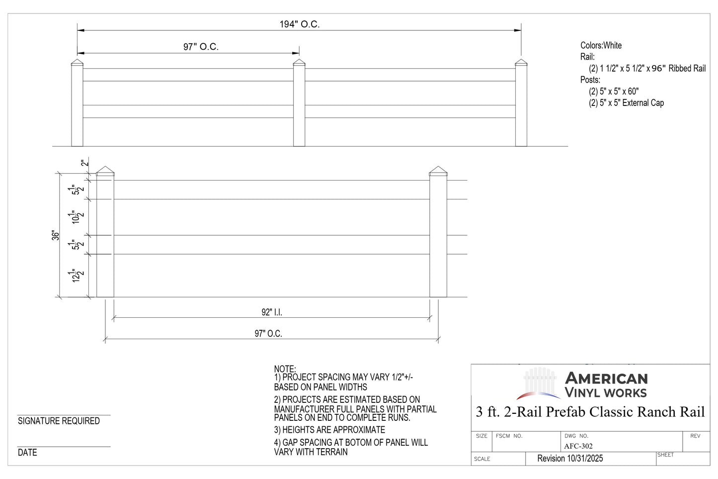 3' Tall x 8' Wide 2-Rail Classic Ranch Rail Fence Panel For Vinyl Fences (AFC-302)