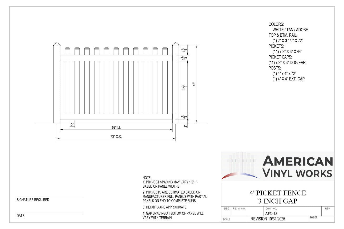 4' Tall x 6' Wide Picket Fence Panel w/ 3" Gap For Vinyl Fences (AFC-15)