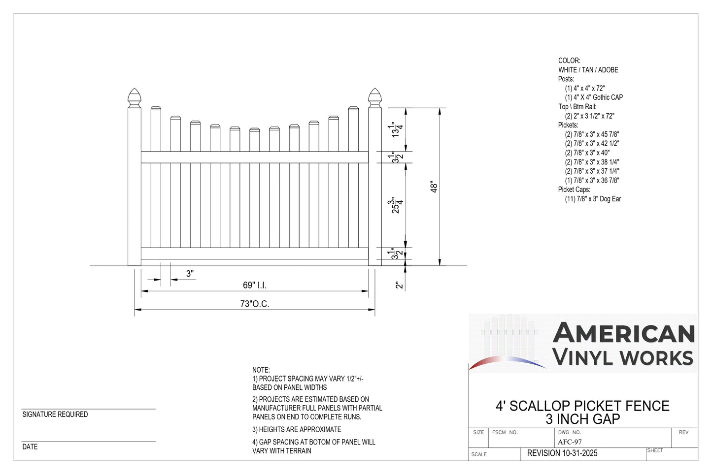 4' Tall x 6' Wide Underscallop Picket Fence Panel w/ 3" Gap (AFC-97)