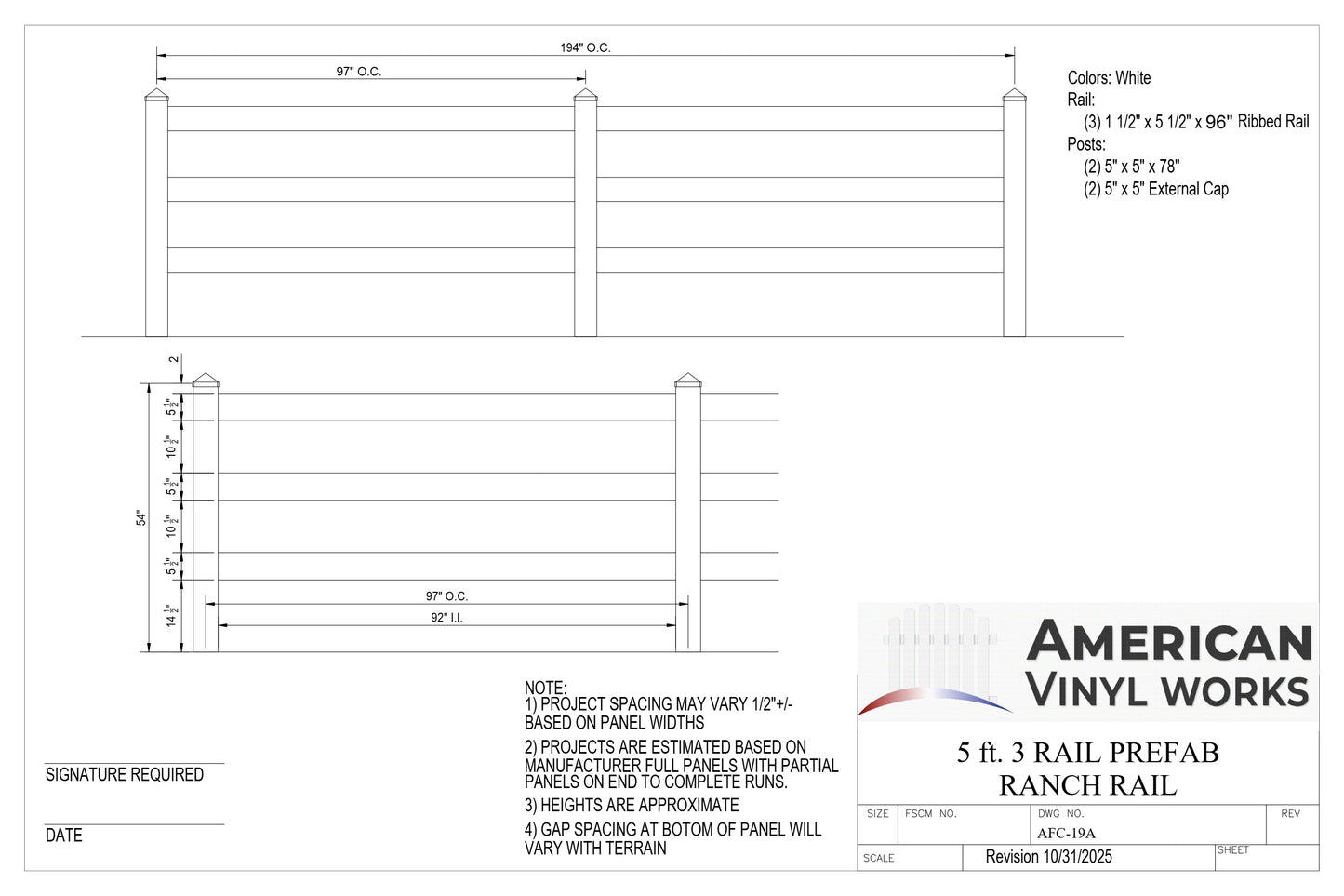 5' Tall x 8' Wide 3-Rail Ranch Rail Fence Panel For Vinyl Fences (AFC-19A)