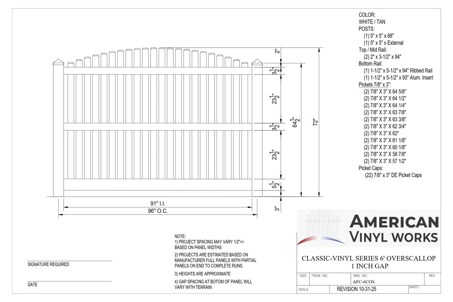 6' Tall x 8' Wide Classic Vinyl Overscallop Picket Fence Panel w/ 1" Gap (AFC-6COS)