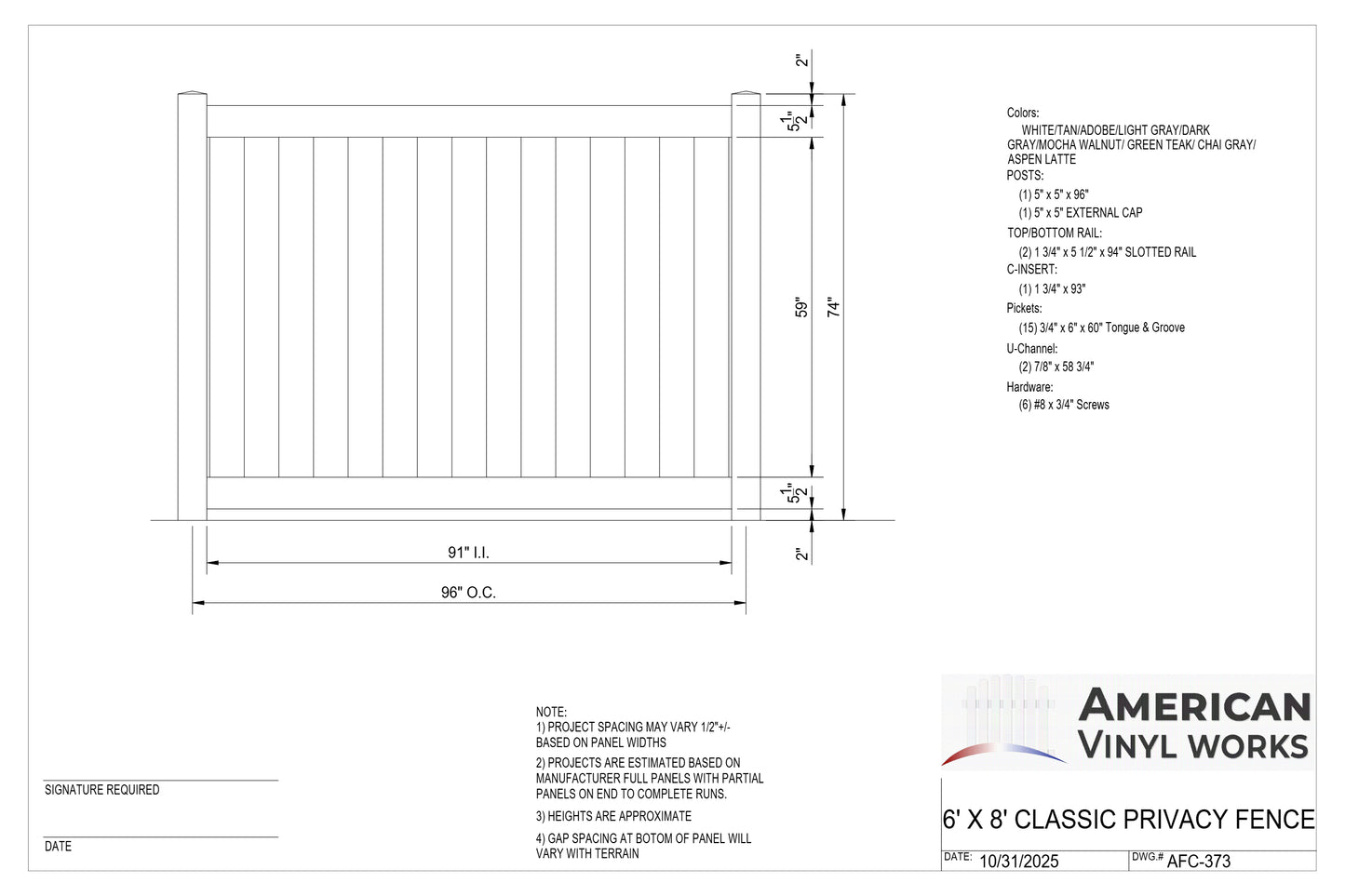 6' Tall x 8' Wide Privacy Fence Panel For Vinyl Fences (AFC-373)