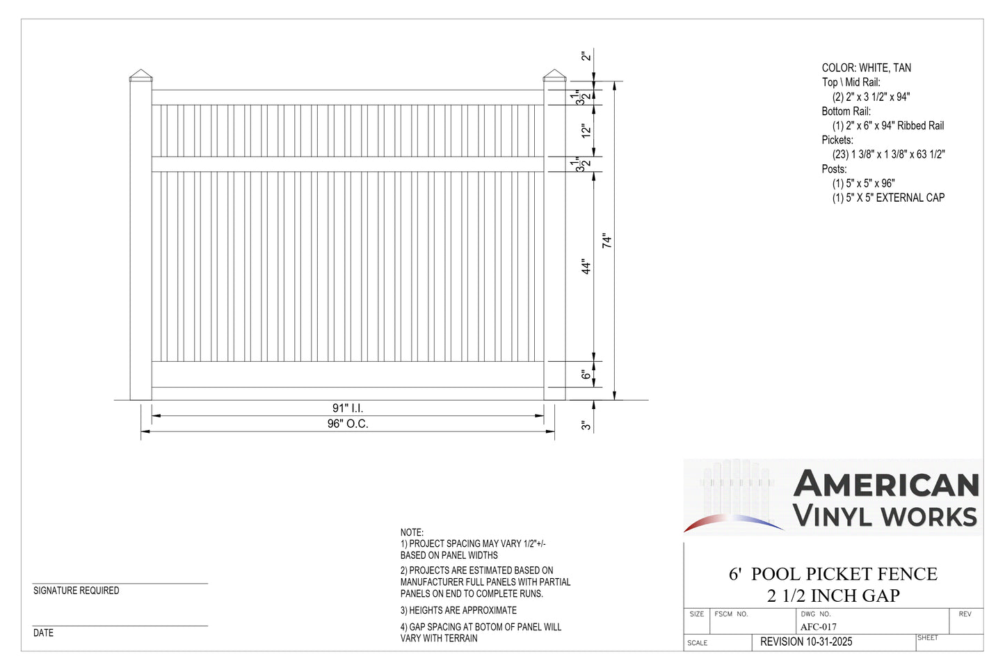 6' Tall x 8' Wide Pool Closed Picket Fence Panel For Vinyl Fences (AFC-017)