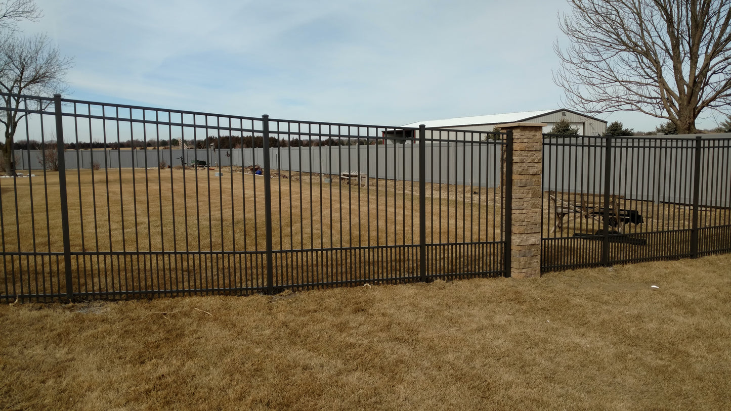 4' tall x 8' wide 4-Rail Ornamental Steel Flat Top Puppy Picket Fence Panel with 3-7/8" & 1-15/16" Air Space