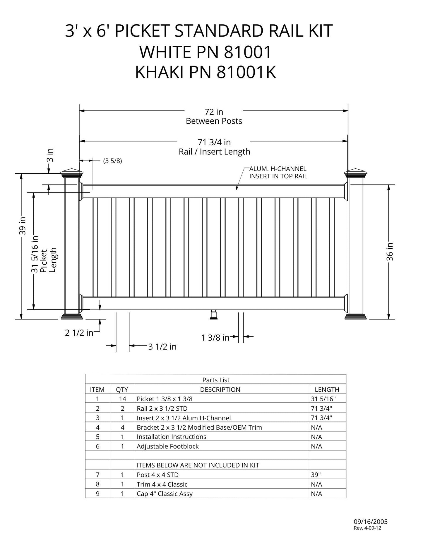 3' Tall x 6' Length - Picket Standard Rail Kit