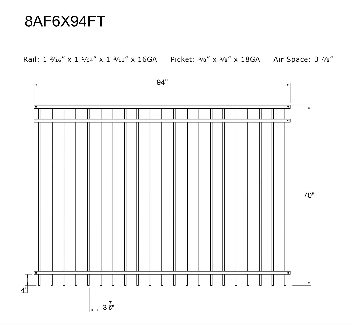 Ornamental Steel Flat Top 8' Wide x 6' Tall 3-Rail Fence Panel with 3-7/8" Air Space