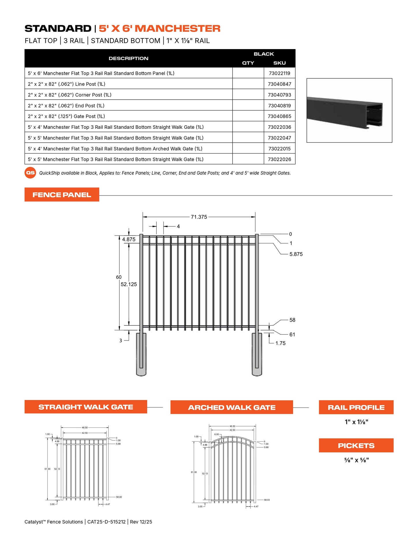 5' tall x 6' wide Ornamental Aluminum Manchester Flat Top 3-Rail Standard Bottom Alumiguard Panel