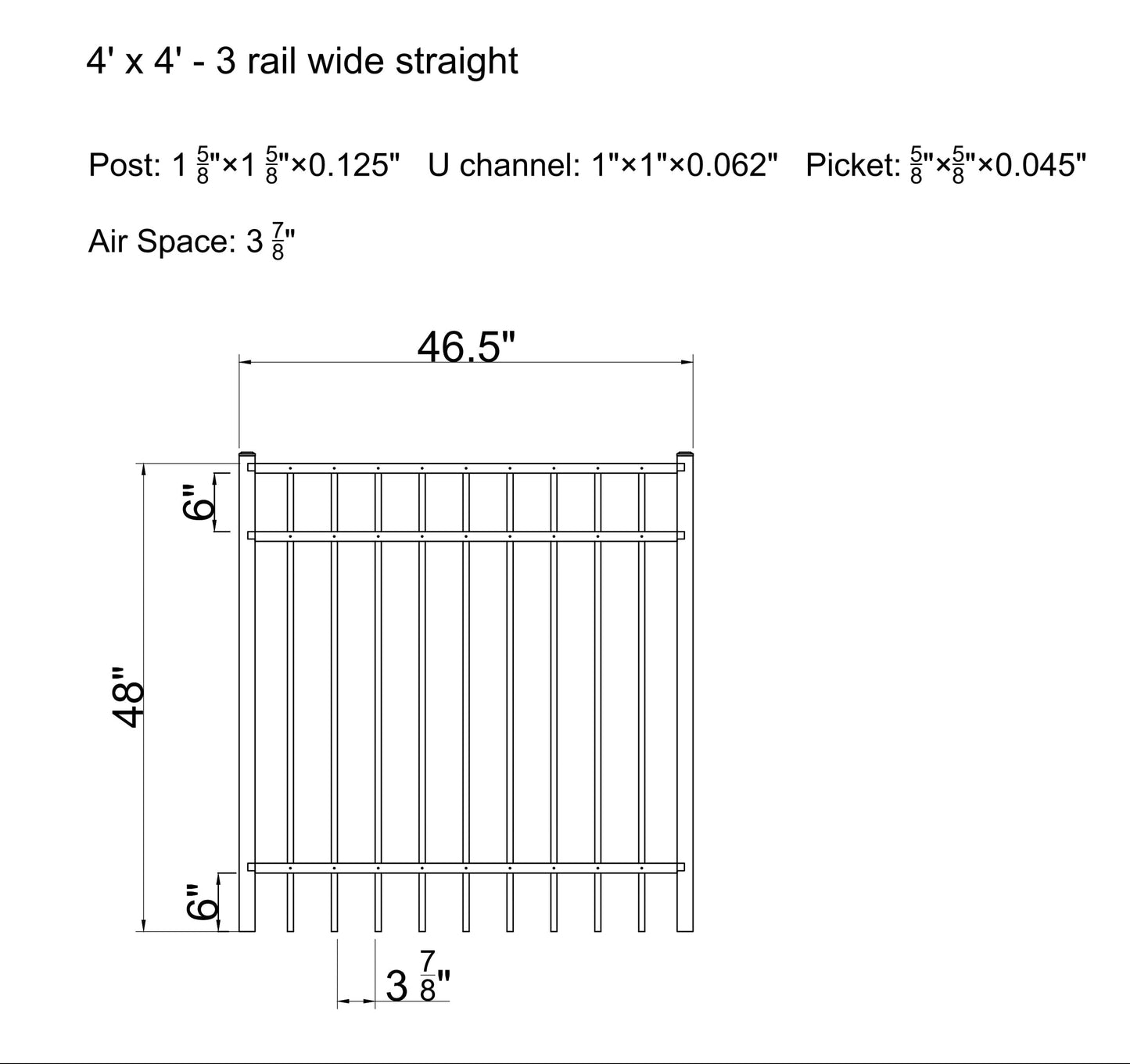 4' tall x 4' wide 3-Rail Ornamental Aluminum Flat Top Gate with 3-7/8" Air Space