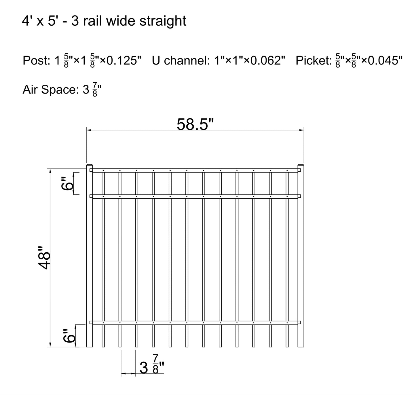 4' tall x 5' wide 3-Rail Ornamental Aluminum Flat Top Gate with 3-7/8" Air Space