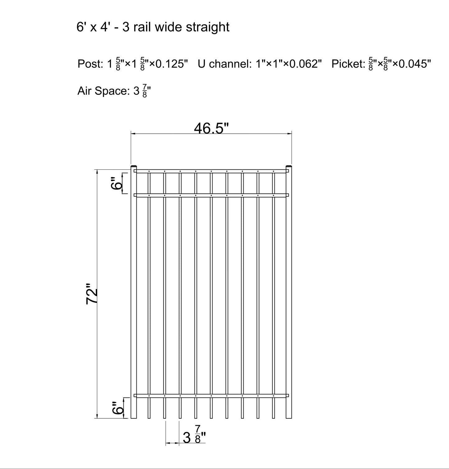 6' tall x 4' wide 3-Rail Ornamental Aluminum Flat Top Gate with 3-7/8" Air Space