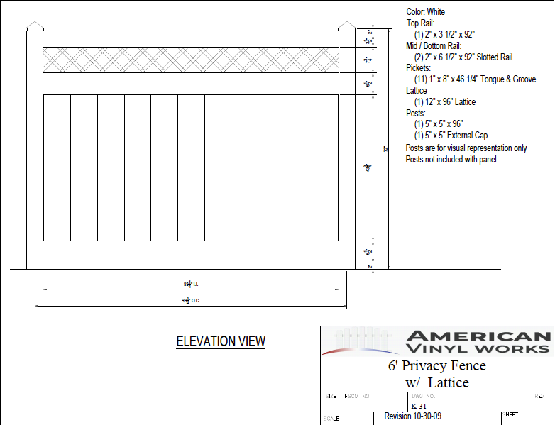 6' Tall x 8' Wide Privacy Fence Panel with Lattice Accent For Vinyl Fences
