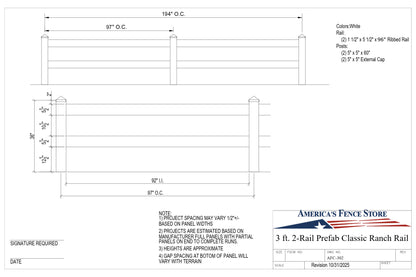 3' Tall x 8' Wide 2-Rail Classic Ranch Rail Fence Panel For Vinyl Fences (AFC-302)