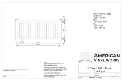 3' Tall x 6' Wide Closed Picket Fence Panel w/ 3" Gap For Vinyl Fences (AFC-16)