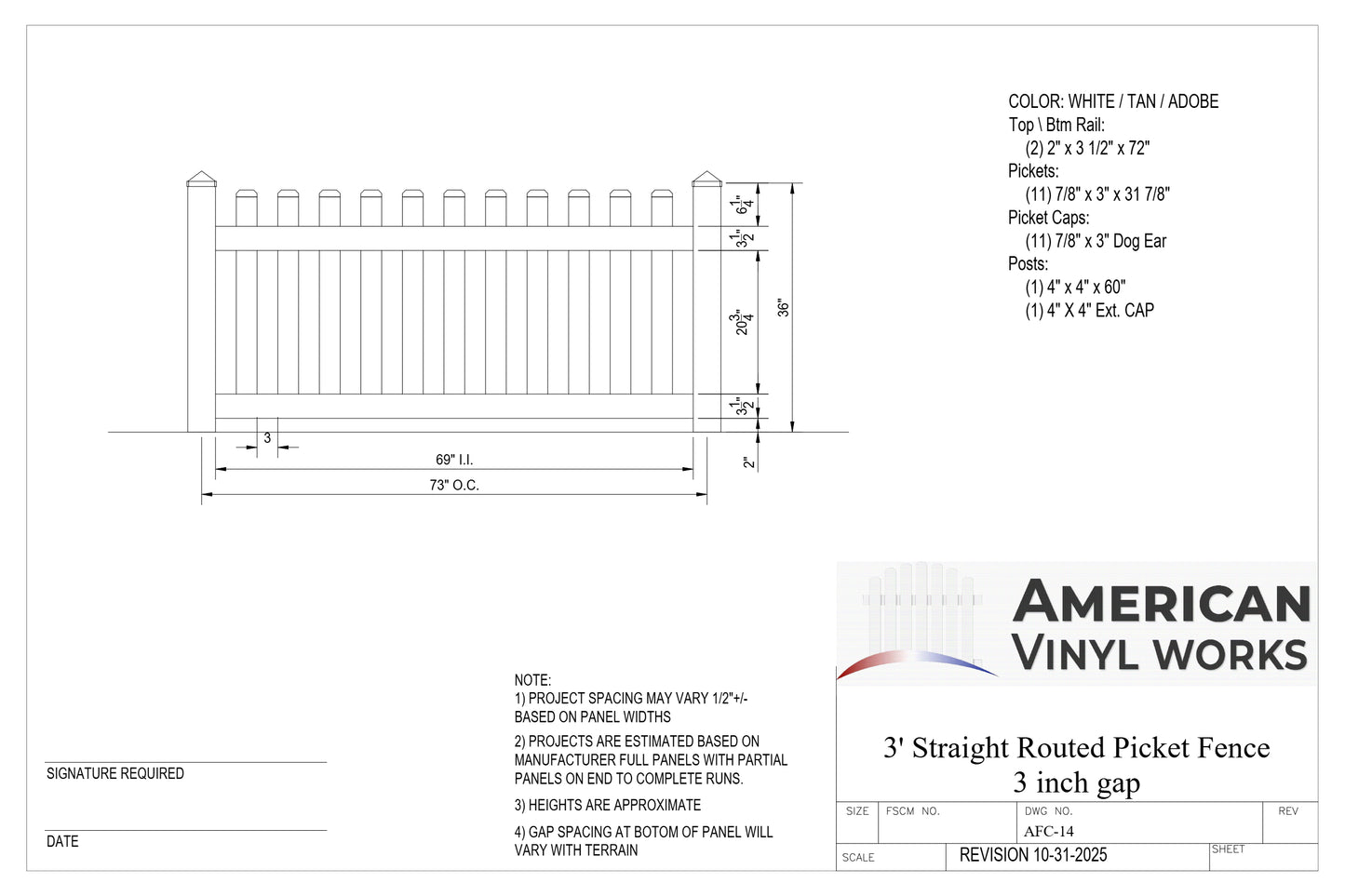 3' Tall x 6' Wide Straight Routed Picket Fence Panel w/ 3" Gap For Vinyl Fences (AFC-14)