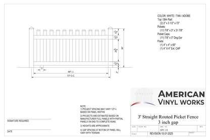 3' Tall x 6' Wide Straight Routed Picket Fence Panel w/ 3" Gap For Vinyl Fences (AFC-14)