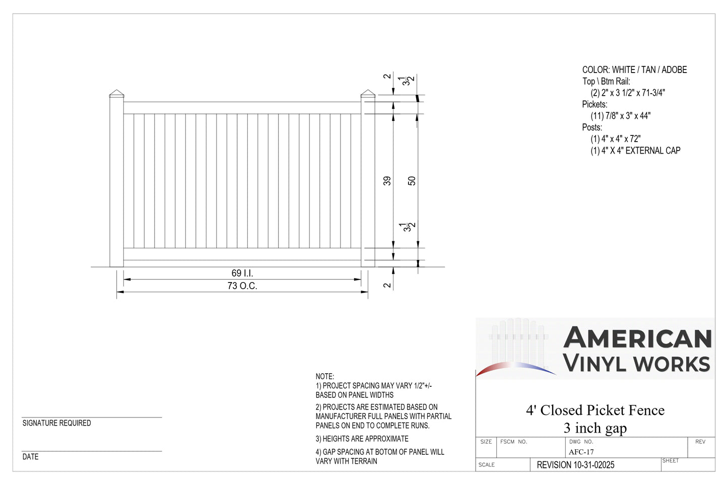 4' Tall x 6' Wide Closed Picket Fence Panel w/ 3" Gap For Vinyl Fences (AFC-17)