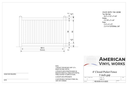 4' Tall x 6' Wide Closed Picket Fence Panel w/ 3" Gap For Vinyl Fences (AFC-17)