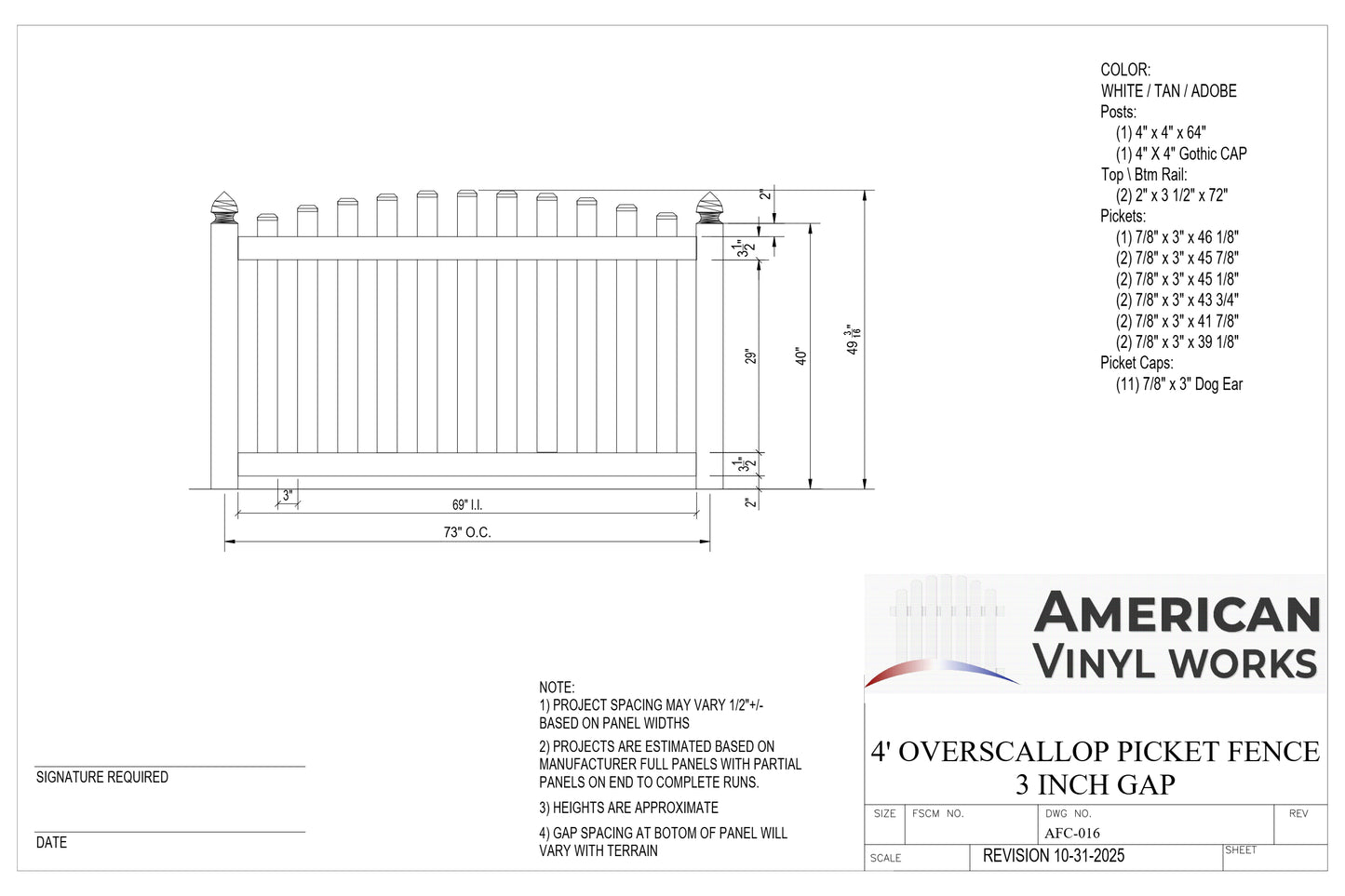 4' Tall x 6' Wide Overscallop Picket Fence Panel w/ 3" Gap For Vinyl Fences (AFC-016)