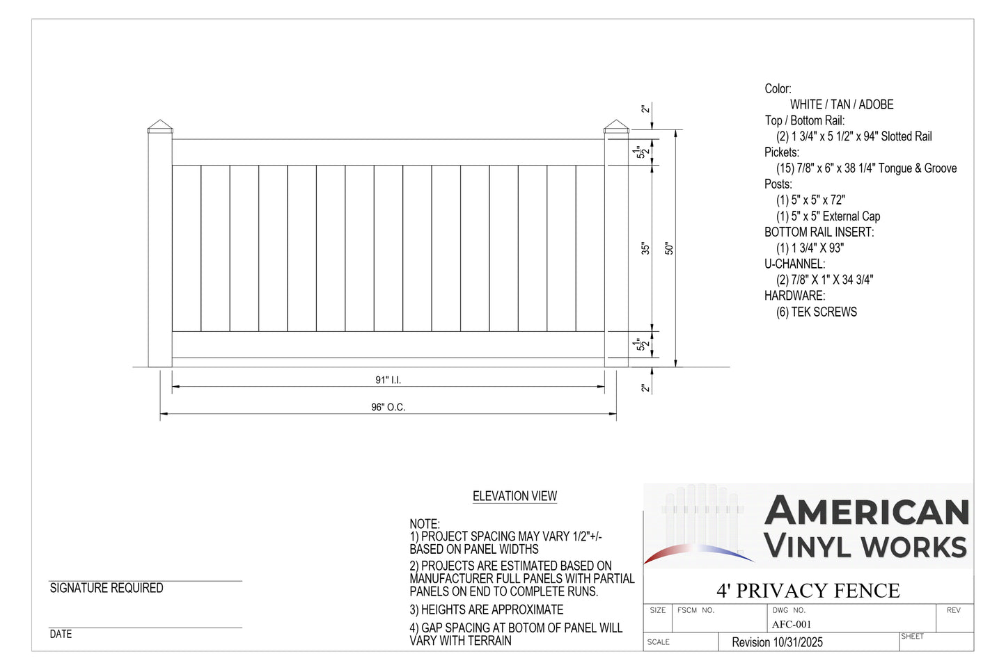 4' Tall x 8' Wide Privacy Fence Panel For Vinyl Fences (AFC-001)