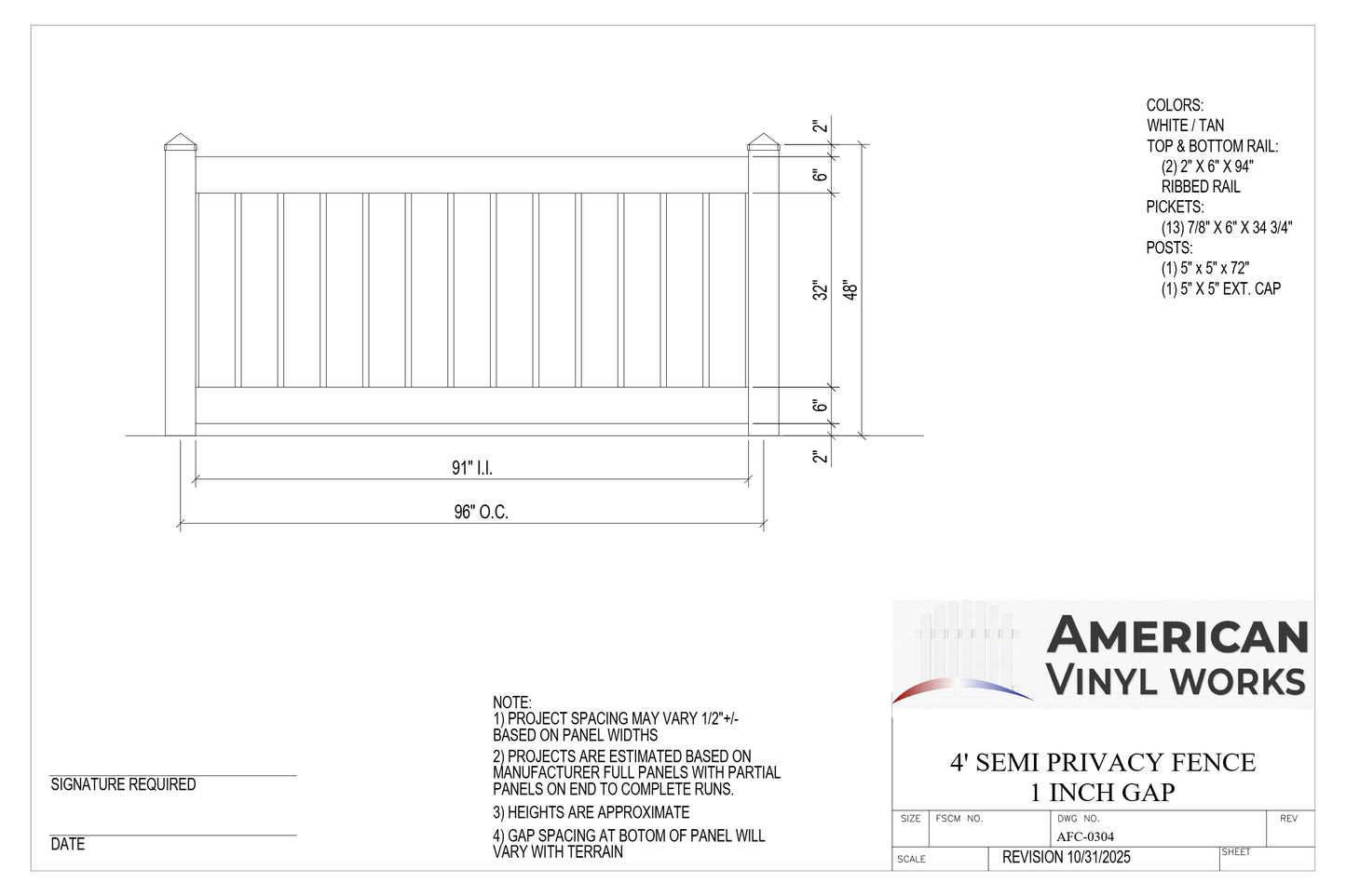 4' Tall x 8' Wide Semi-Privacy Fence Panel w/ 6" Rail For Vinyl Fences (AFC-0304)