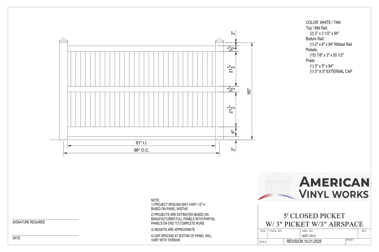 5' Tall x 8' Wide Closed Picket Fence Panel w/ 3" Gap For Vinyl Fences (AFC-014)