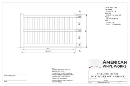 5' Tall x 8' Wide Closed Picket Fence Panel w/ 3" Gap For Vinyl Fences (AFC-014)