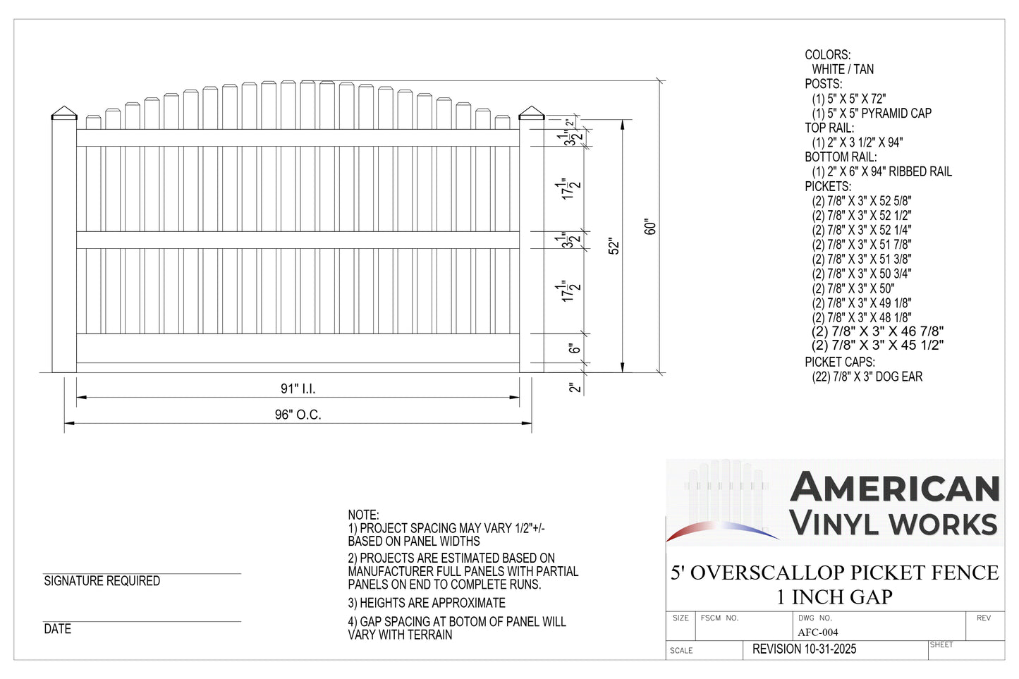 5' Tall x 8' Wide Overscallop Picket Fence Panel w/ 1" Gap For Vinyl Fences (AFC-004)