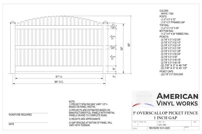 5' Tall x 8' Wide Overscallop Picket Fence Panel w/ 1" Gap For Vinyl Fences (AFC-004)