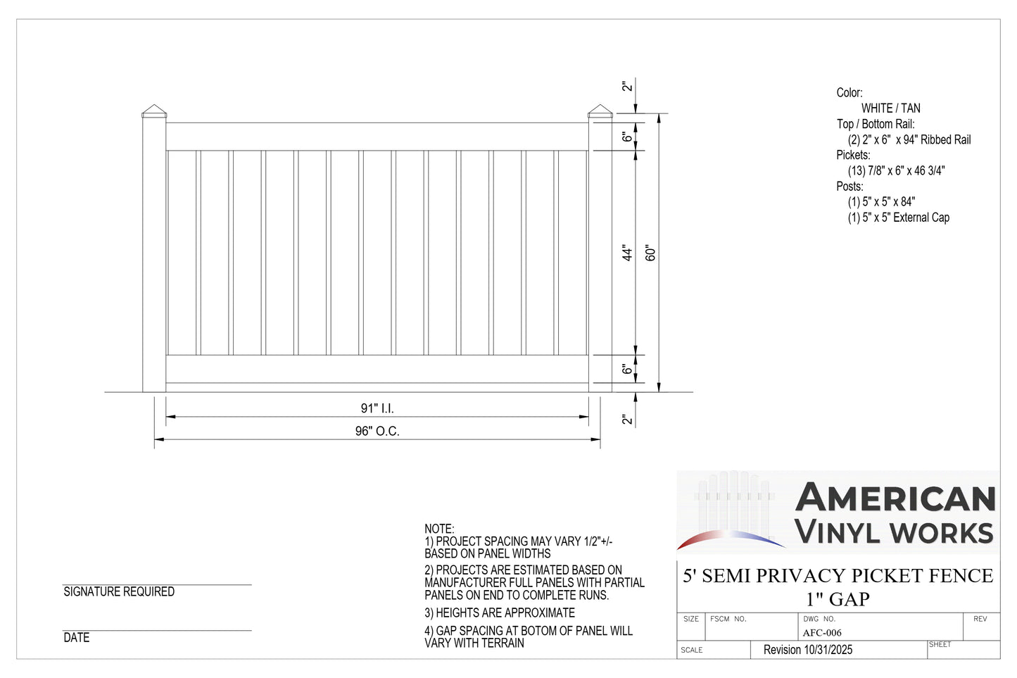 5' Tall x 8' Wide Semi-Privacy Fence Panel For Vinyl Fences (AFC-006)