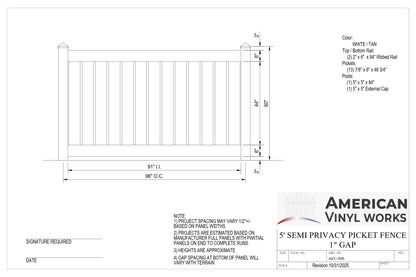5' Tall x 8' Wide Semi-Privacy Fence Panel For Vinyl Fences (AFC-006)