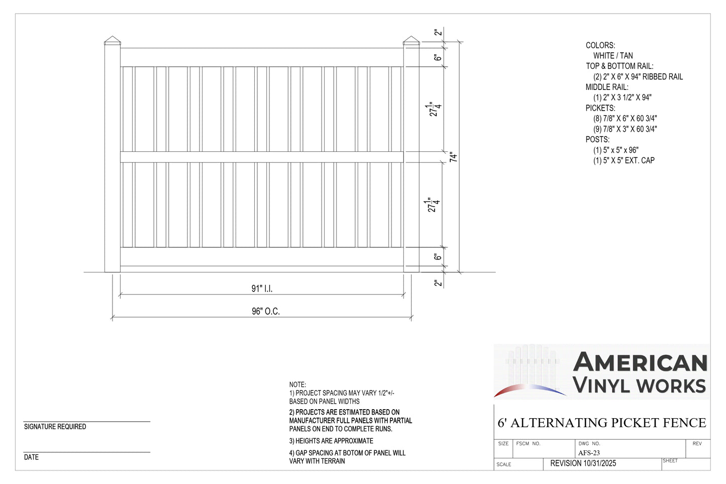 6' Tall x 8' Wide Alternating Picket Fence Panel For Vinyl Fences (AFS-23)