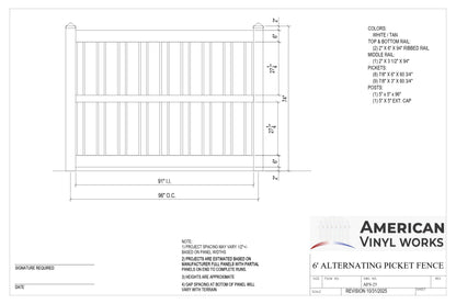 6' Tall x 8' Wide Alternating Picket Fence Panel For Vinyl Fences (AFS-23)