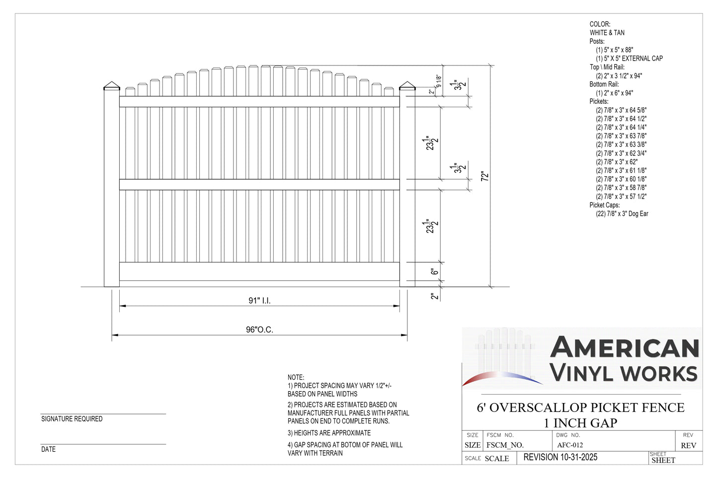 6' Tall x 8' Wide Overscallop Picket Fence Panel w/ 1" Gap For Vinyl Fences (AFC-012)
