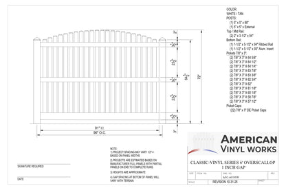 6' Tall x 8' Wide Classic Vinyl Overscallop Picket Fence Panel w/ 1" Gap (AFC-6COS)