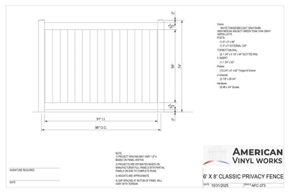 6' Tall x 8' Wide Privacy Fence Panel For Vinyl Fences (AFC-373)