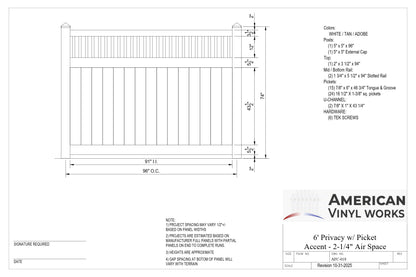 6' Tall x 8' Wide Privacy Fence Panel w/ Picket Accent For Vinyl Fences (AFC-018)