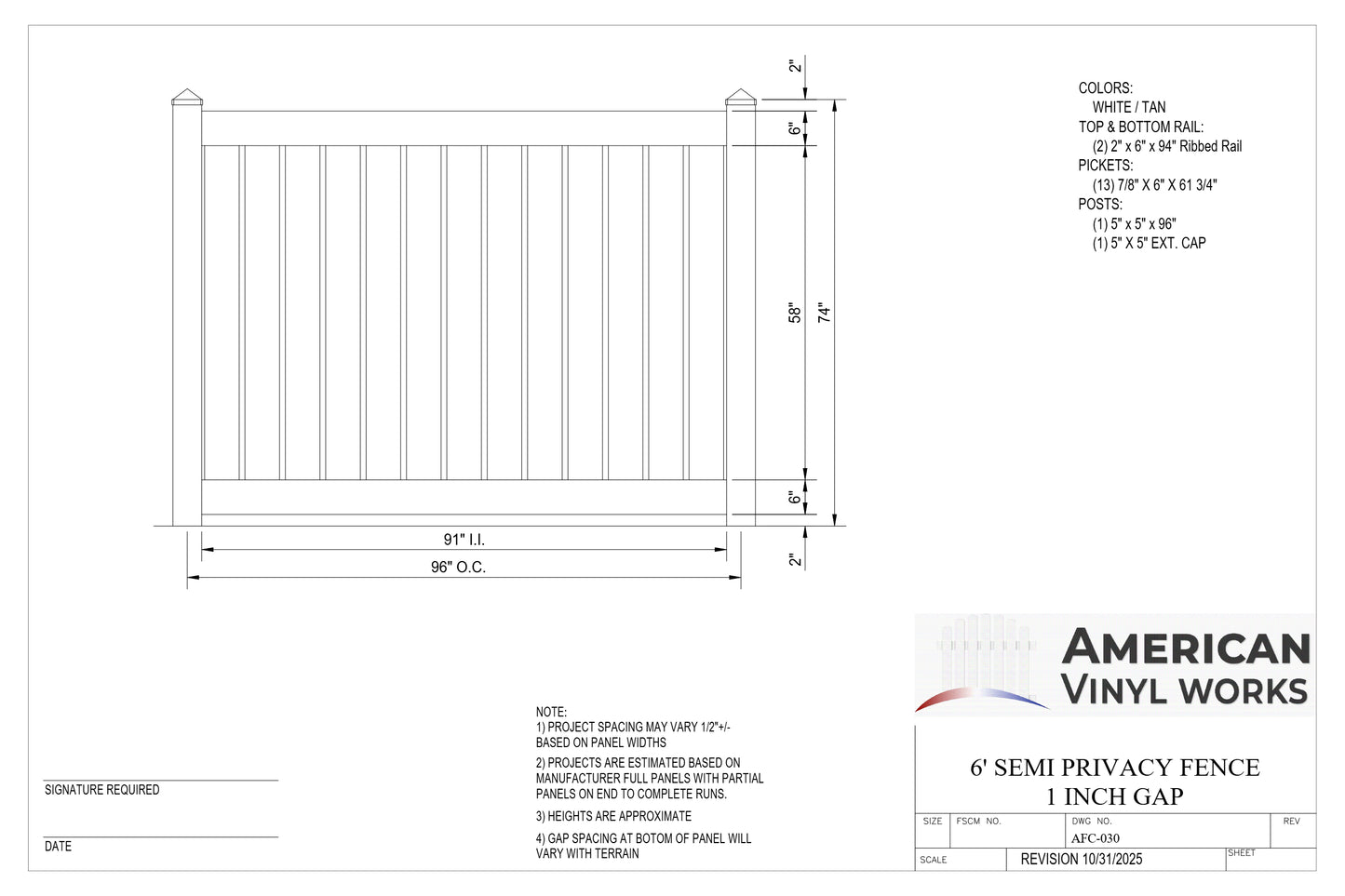 6' Tall x 8' Wide Semi-Privacy Fence Panel w/ 6" Rail For Vinyl Fences (AFC-030)