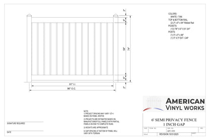 6' Tall x 8' Wide Semi-Privacy Fence Panel w/ 6" Rail For Vinyl Fences (AFC-030)