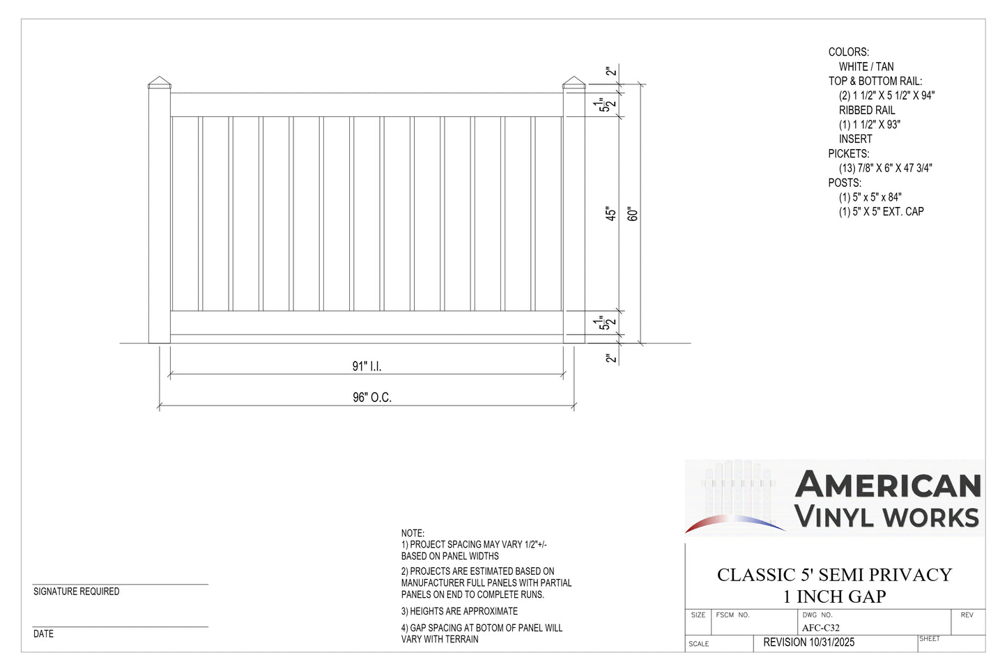 5' Tall x 8' Wide Semi-Privacy Fence Panel w/ 5-1/2" Rail For Vinyl Fences (AFC-C32)