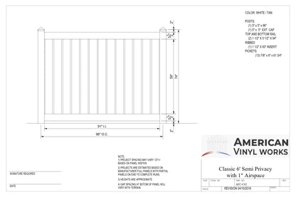 6' Tall x 8' Wide Semi-Privacy Fence Panel w/ 5-1/2" Rail For Vinyl Fences (AFC-C62)