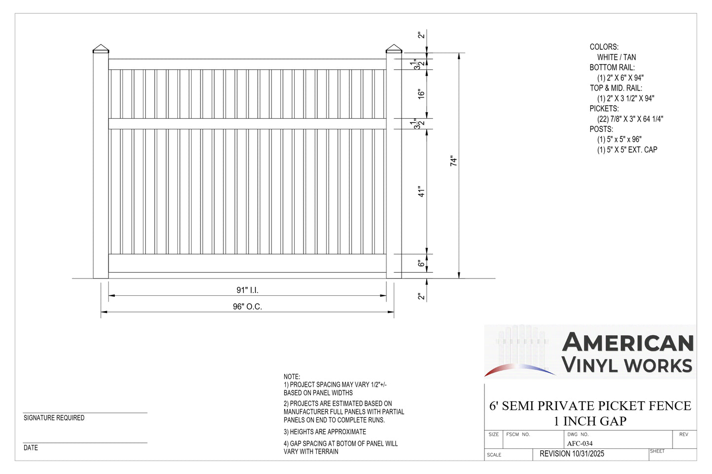 6' Tall x 8' Wide Semi-Private Picket Fence Panel For Vinyl Fences (AFC-034)