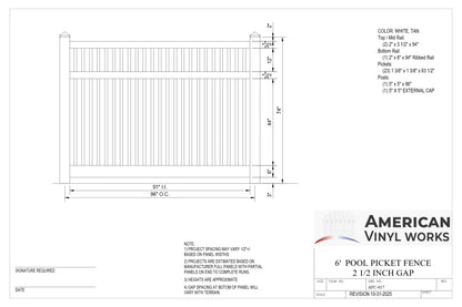 6' Tall x 8' Wide Semi-Private Pool Picket Fence Panel For Vinyl Fences (AFC-017)