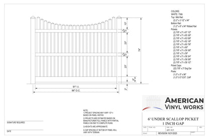 6' Tall x 8' Wide Underscallop Picket Fence Panel w/ 1" Gap For Vinyl Fences (AFC-013)