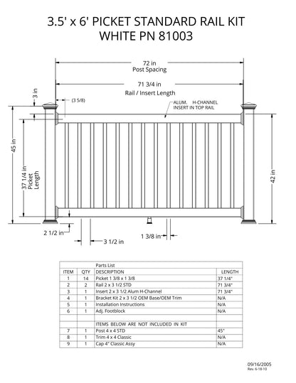 3.5' Tall x 6' Length - Picket Standard Rail Kit