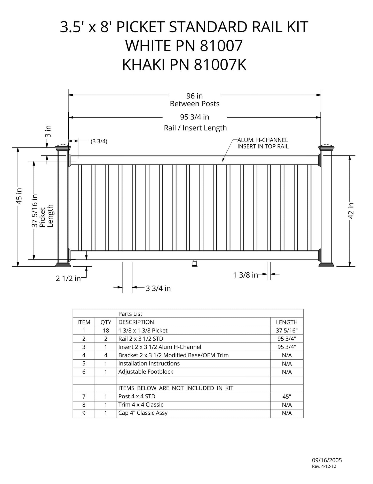 3.5' Tall x 8' Length - Picket Standard Rail Kit