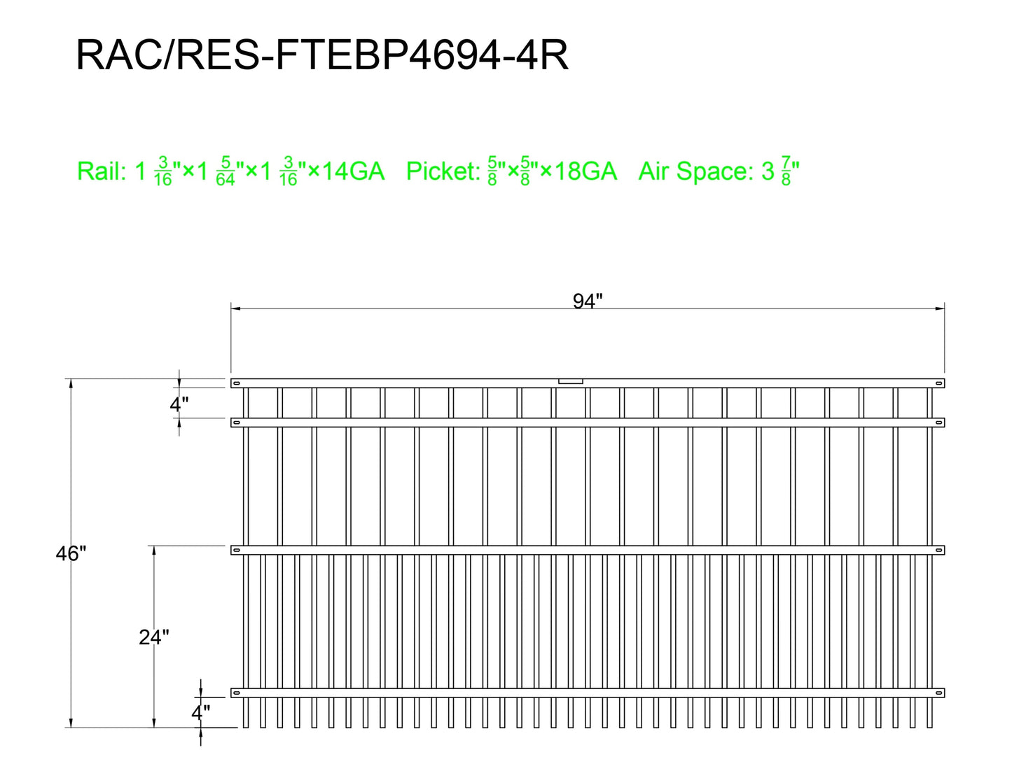 4' tall x 8' wide 4-Rail Ornamental Steel Flat Top Puppy Picket Fence Panel with 3-7/8" & 1-15/16" Air Space