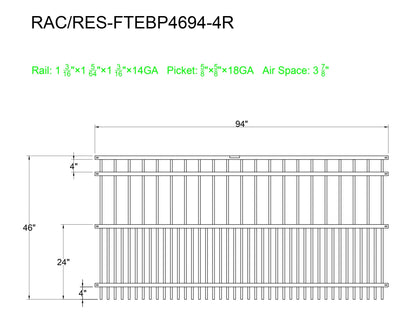 4' tall x 8' wide 4-Rail Ornamental Steel Flat Top Puppy Picket Fence Panel with 3-7/8" & 1-15/16" Air Space
