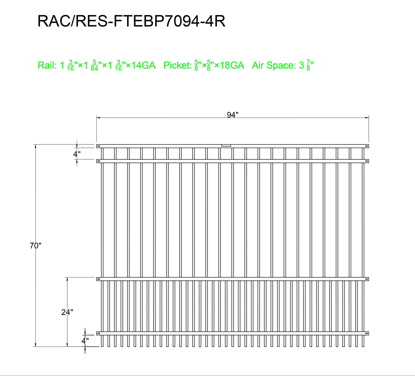 [PRICE PER FOOT] 6' tall x 8' wide 4-Rail Ornamental Steel Flat Top Puppy Picket Fence Panel with 3-7/8" & 1-15/16" Air Space