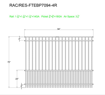 [PRICE PER FOOT] 6' tall x 8' wide 4-Rail Ornamental Steel Flat Top Puppy Picket Fence Panel with 3-7/8" & 1-15/16" Air Space