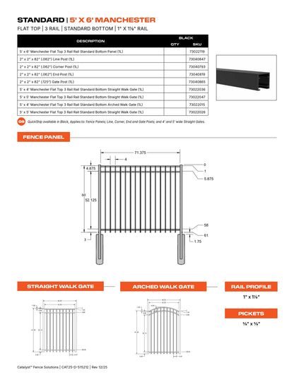 5' tall x 6' wide Ornamental Aluminum Manchester Flat Top 3-Rail Standard Bottom Alumiguard Panel